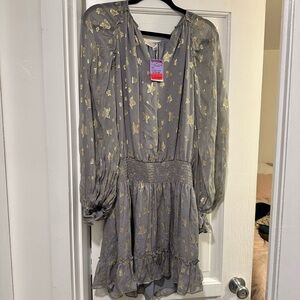 Ramy Brook "Reed Dress" Silver Grey Dress with Gold Stars NWT Size Medium